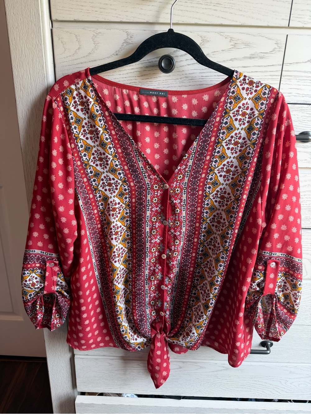 West Kei Red Paisley Tie-Front Boho Blouse